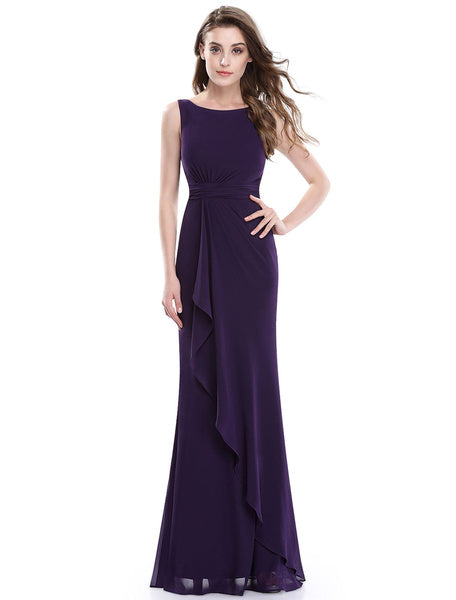 Long Chiffon Satin Cascading Ruffles V Back Sheath Floor Length Formal Bridesmaid Dresses