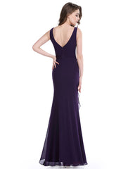 Long Chiffon Satin Cascading Ruffles V Back Sheath Floor Length Formal Bridesmaid Dresses