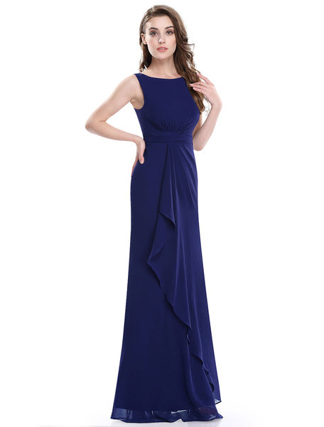 Long Chiffon Satin Cascading Ruffles V Back Sheath Floor Length Formal Bridesmaid Dresses