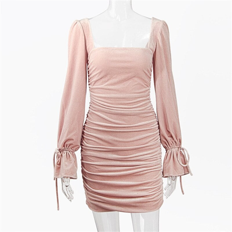 Elegant Long Drawstring Sleeve Pleated Ruched Dress
