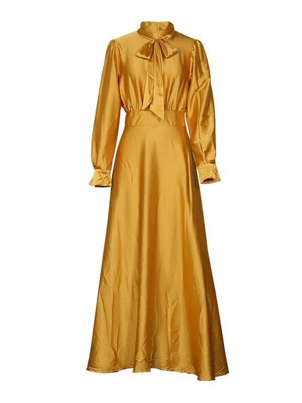 Long Dress Turndown Collar Long Sleeves Polyester Maxi Dress