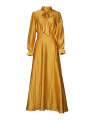 Long Dress Turndown Collar Long Sleeves Polyester Maxi Dress