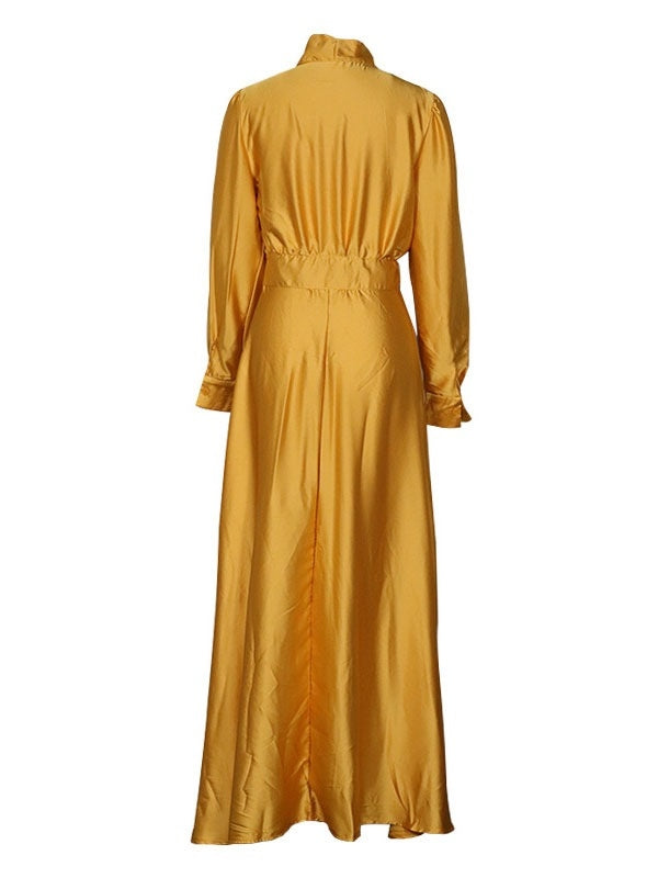 Long Dress Turndown Collar Long Sleeves Polyester Maxi Dress
