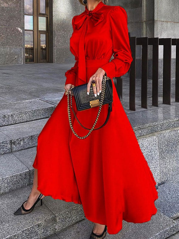 Long Dress Turndown Collar Long Sleeves Polyester Maxi Dress