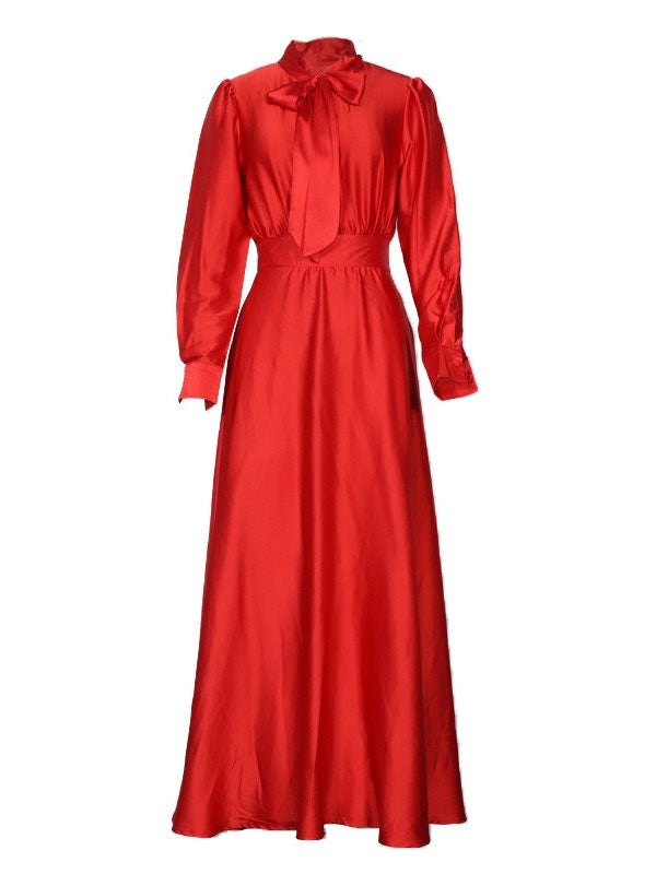 Long Dress Turndown Collar Long Sleeves Polyester Maxi Dress