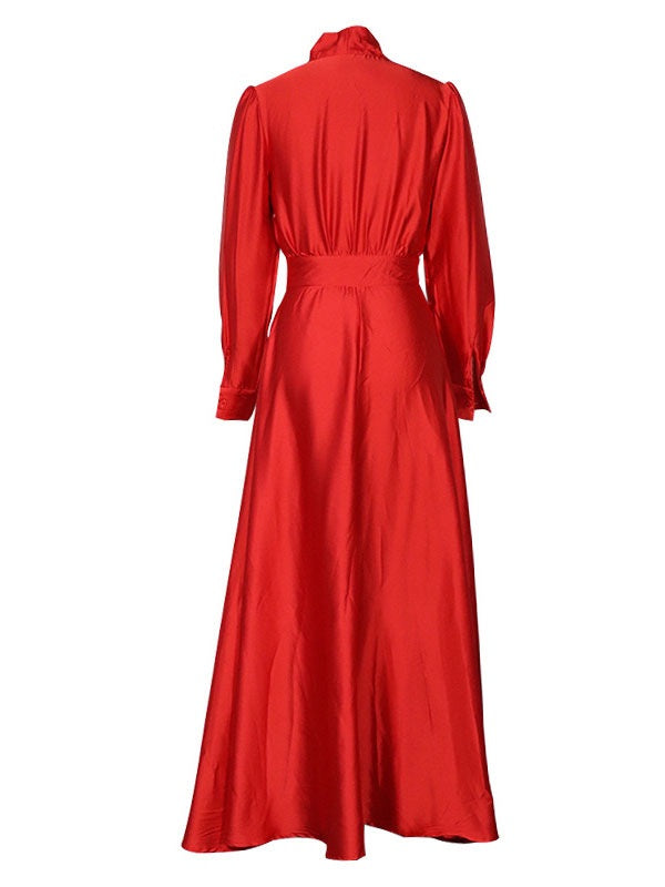 Long Dress Turndown Collar Long Sleeves Polyester Maxi Dress