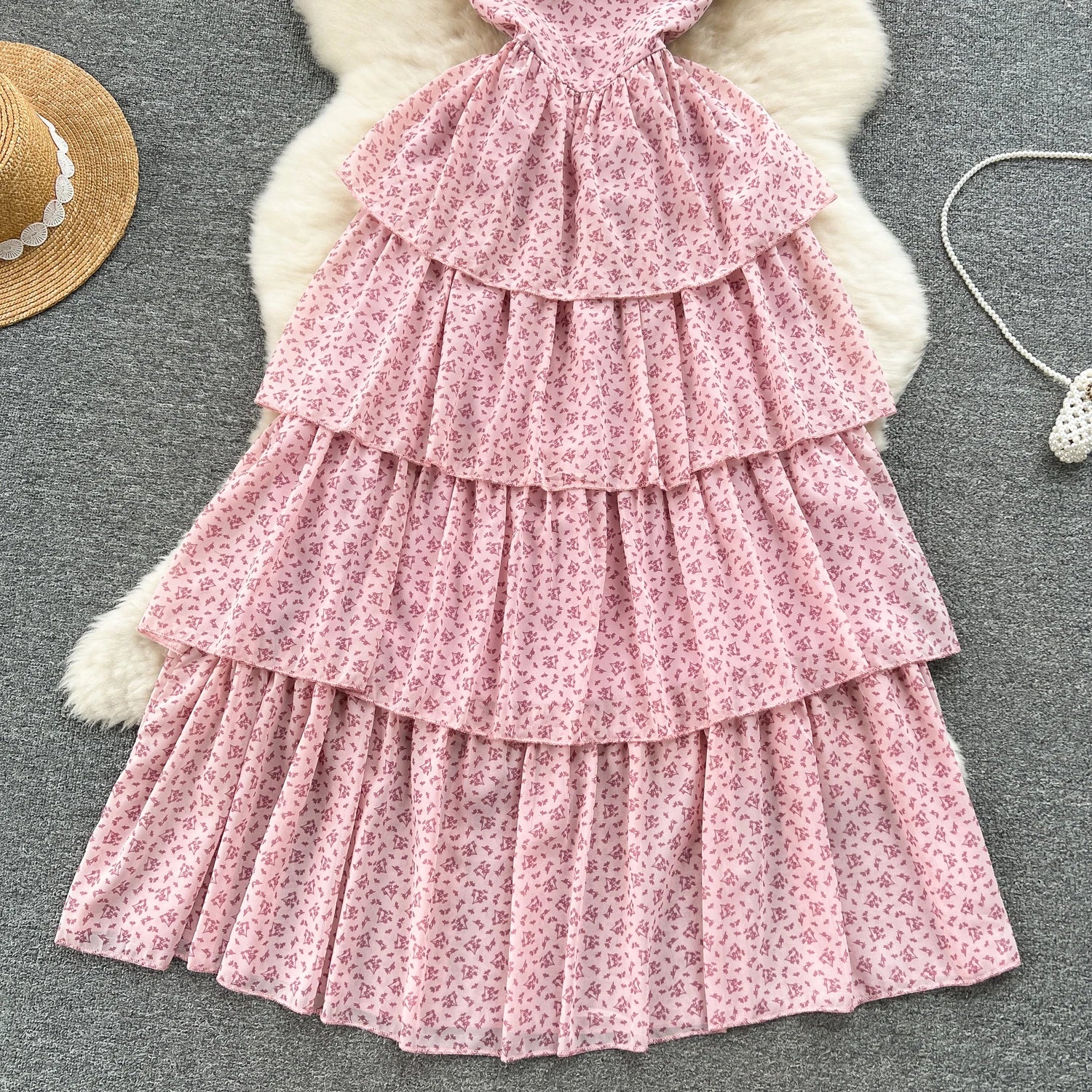 Long Dresses for Women Floral Printed Ruffles Flying Sleeve Female Cake Dress