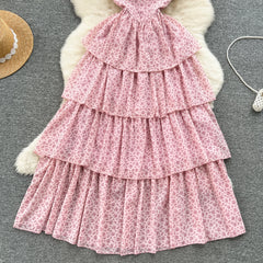 Long Dresses for Women Floral Printed Ruffles Flying Sleeve Female Cake Dress