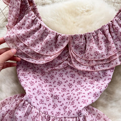 Long Dresses for Women Floral Printed Ruffles Flying Sleeve Female Cake Dress