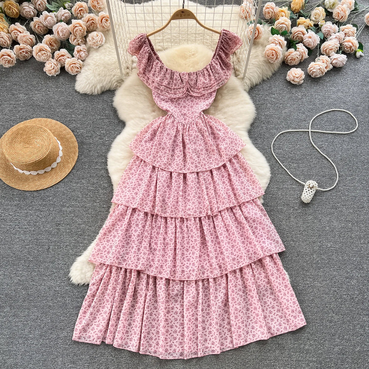 Long Dresses for Women Floral Printed Ruffles Flying Sleeve Female Cake Dress