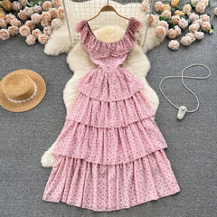 Long Dresses for Women Floral Printed Ruffles Flying Sleeve Female Cake Dress