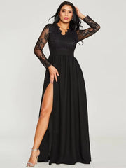 Long Illusion Sleeves High Split Lace And Chiffon Party Prom Formal Gowns