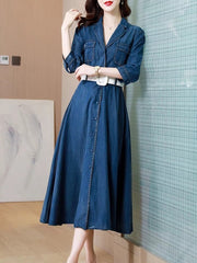 Long Mid-Calf Single Breasted Turn Down Collar Dress