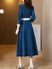 Long Mid-Calf Single Breasted Turn Down Collar Dress