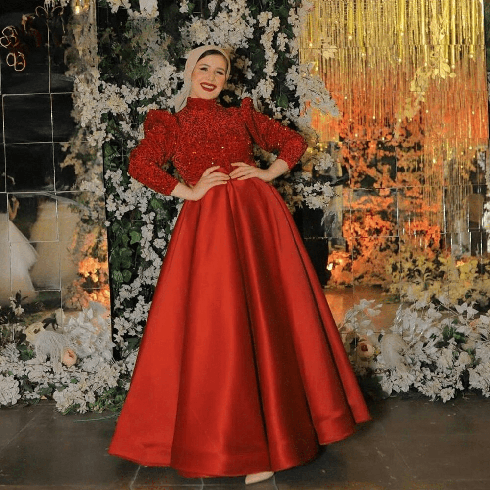 Long Puff Sleeves High Neck Aline Satin Evening Dress