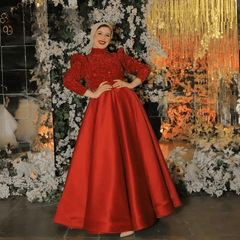 Long Puff Sleeves High Neck Aline Satin Evening Dress