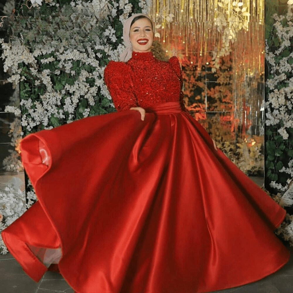 Long Puff Sleeves High Neck Aline Satin Evening Dress