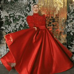 Long Puff Sleeves High Neck Aline Satin Evening Dress