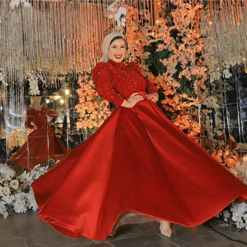 Long Puff Sleeves High Neck Aline Satin Evening Dress