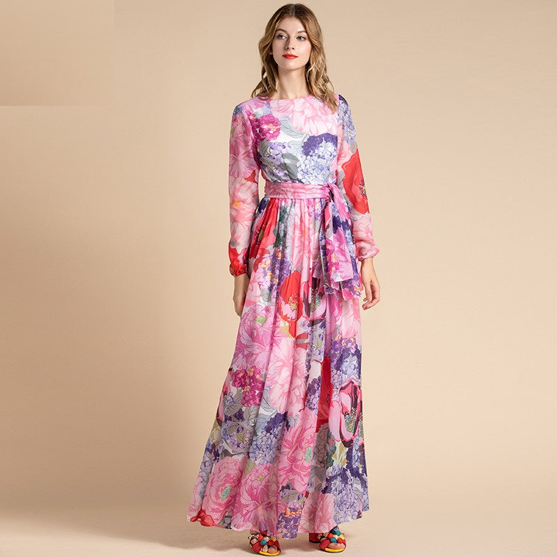 Long Sleeve Belted Floral Print Elegant Holiday Bohemian Chiffon Maxi Dress
