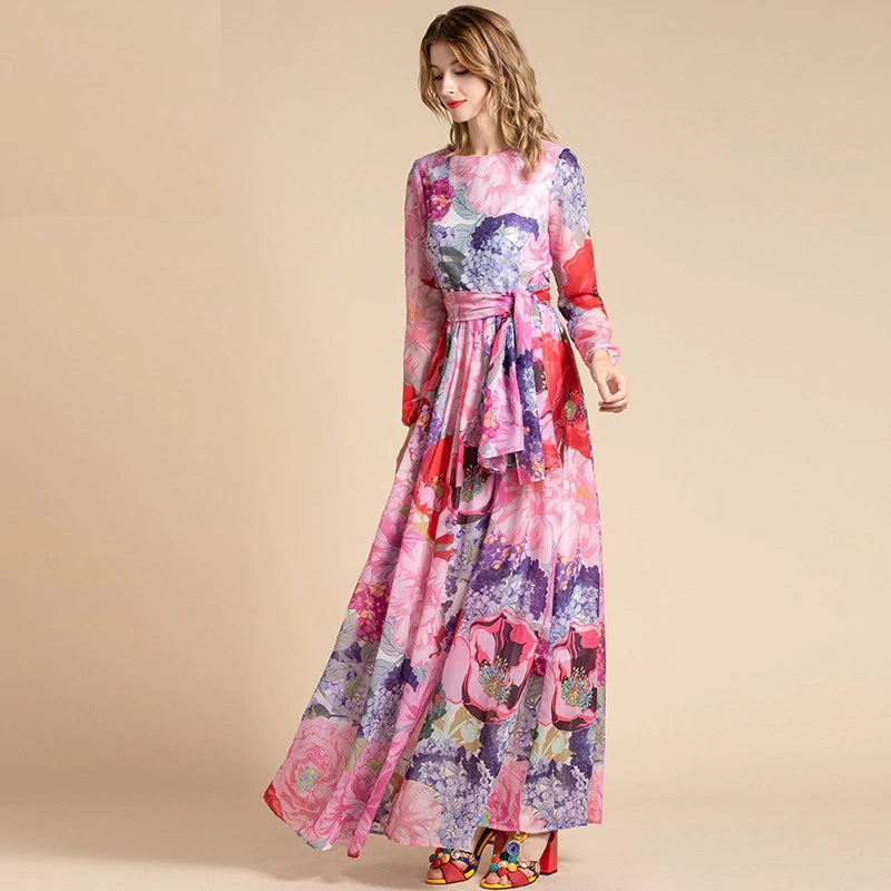 Long Sleeve Belted Floral Print Elegant Holiday Bohemian Chiffon Maxi Dress