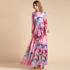 Long Sleeve Belted Floral Print Elegant Holiday Bohemian Chiffon Maxi Dress
