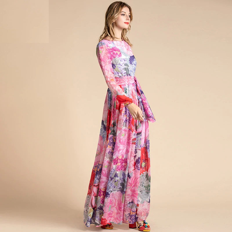 Long Sleeve Belted Floral Print Elegant Holiday Bohemian Chiffon Maxi Dress