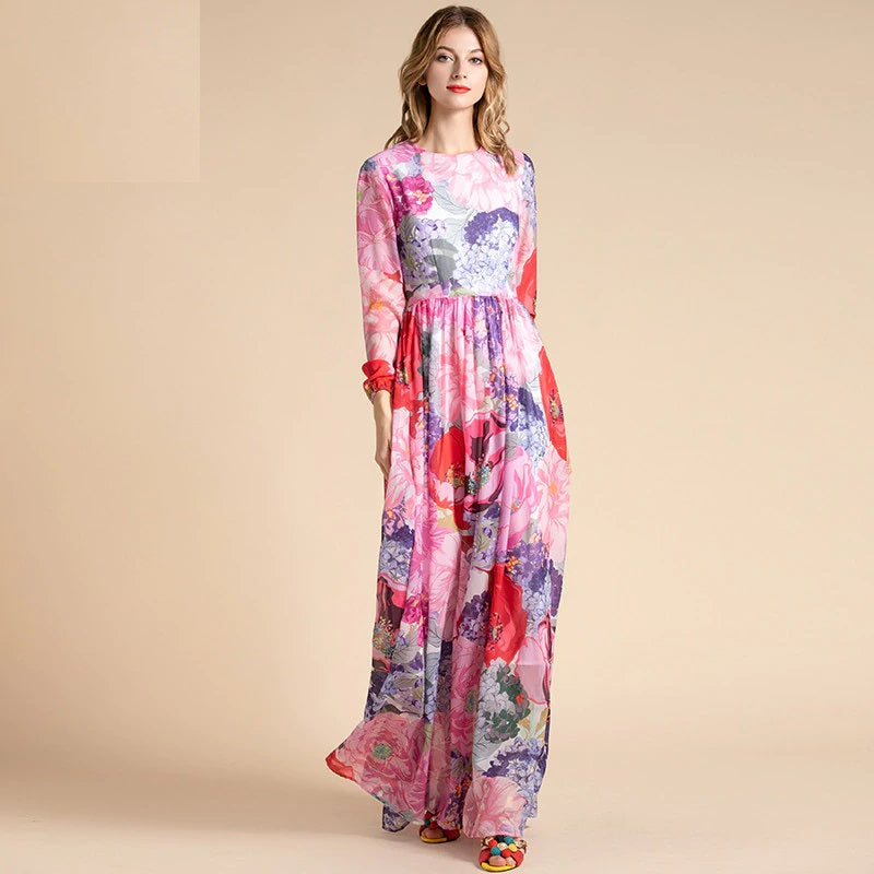 Long Sleeve Belted Floral Print Elegant Holiday Bohemian Chiffon Maxi Dress