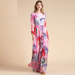 Long Sleeve Belted Floral Print Elegant Holiday Bohemian Chiffon Maxi Dress