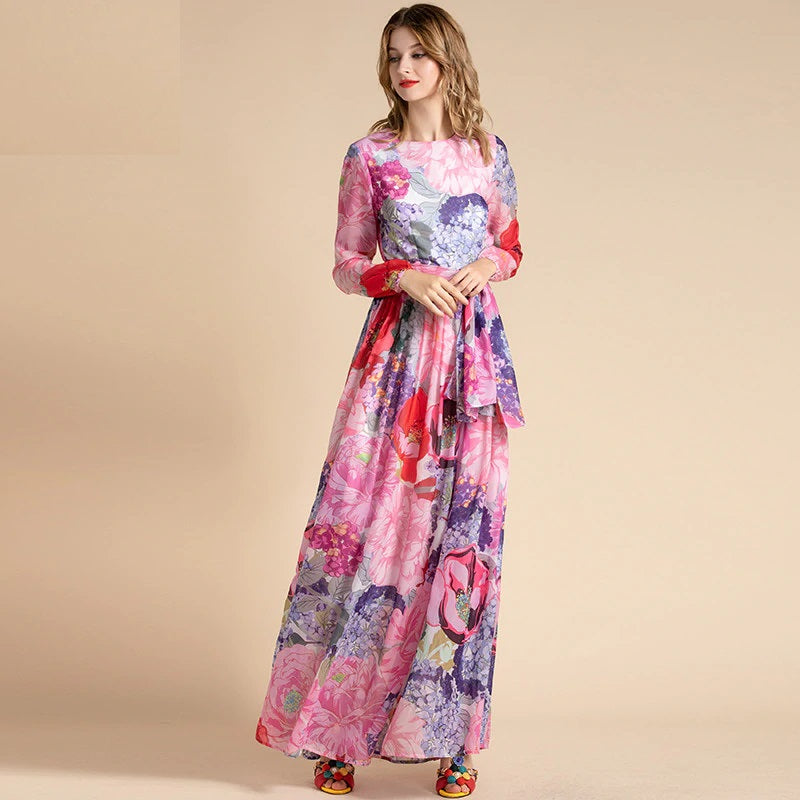 Long Sleeve Belted Floral Print Elegant Holiday Bohemian Chiffon Maxi Dress