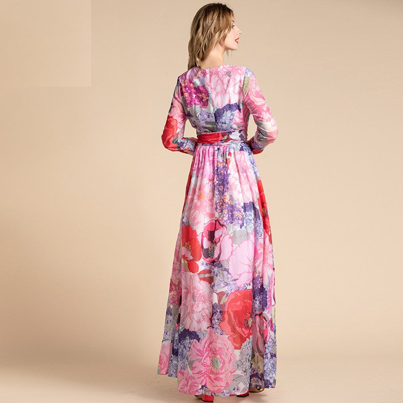 Long Sleeve Belted Floral Print Elegant Holiday Bohemian Chiffon Maxi Dress