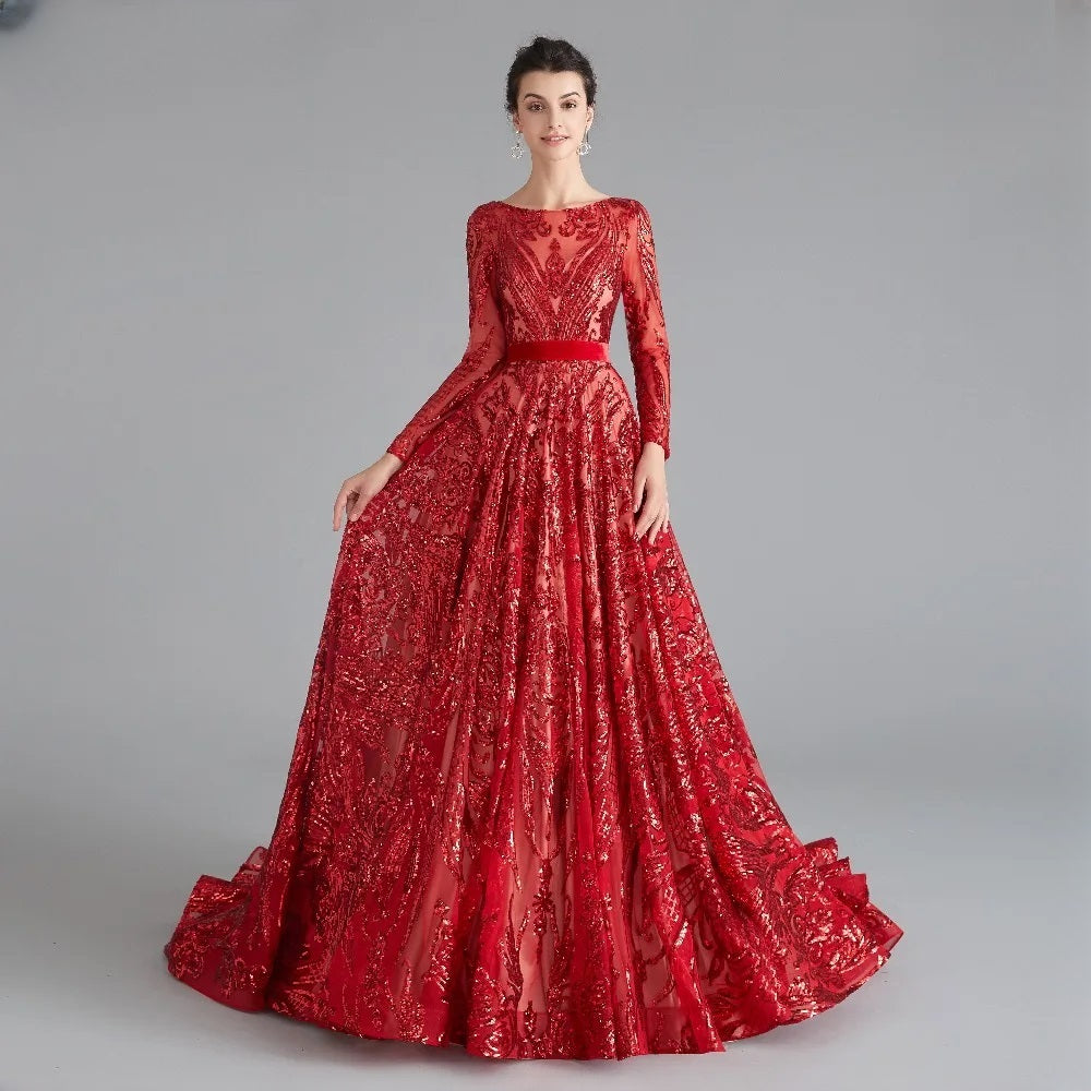 Long Sleeve Evening Sparkly Sequin Formal A Line Backless Prom Dress