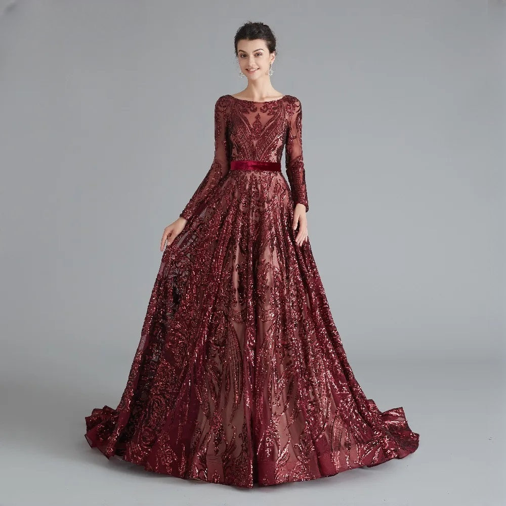 Long Sleeve Evening Sparkly Sequin Formal A Line Backless Prom Dress