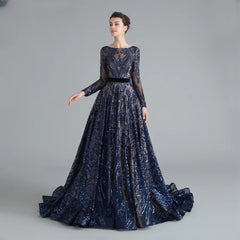 Long Sleeve Evening Sparkly Sequin Formal A Line Backless Prom Dress