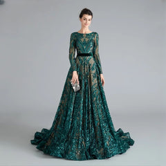 Long Sleeve Evening Sparkly Sequin Formal A Line Backless Prom Dress
