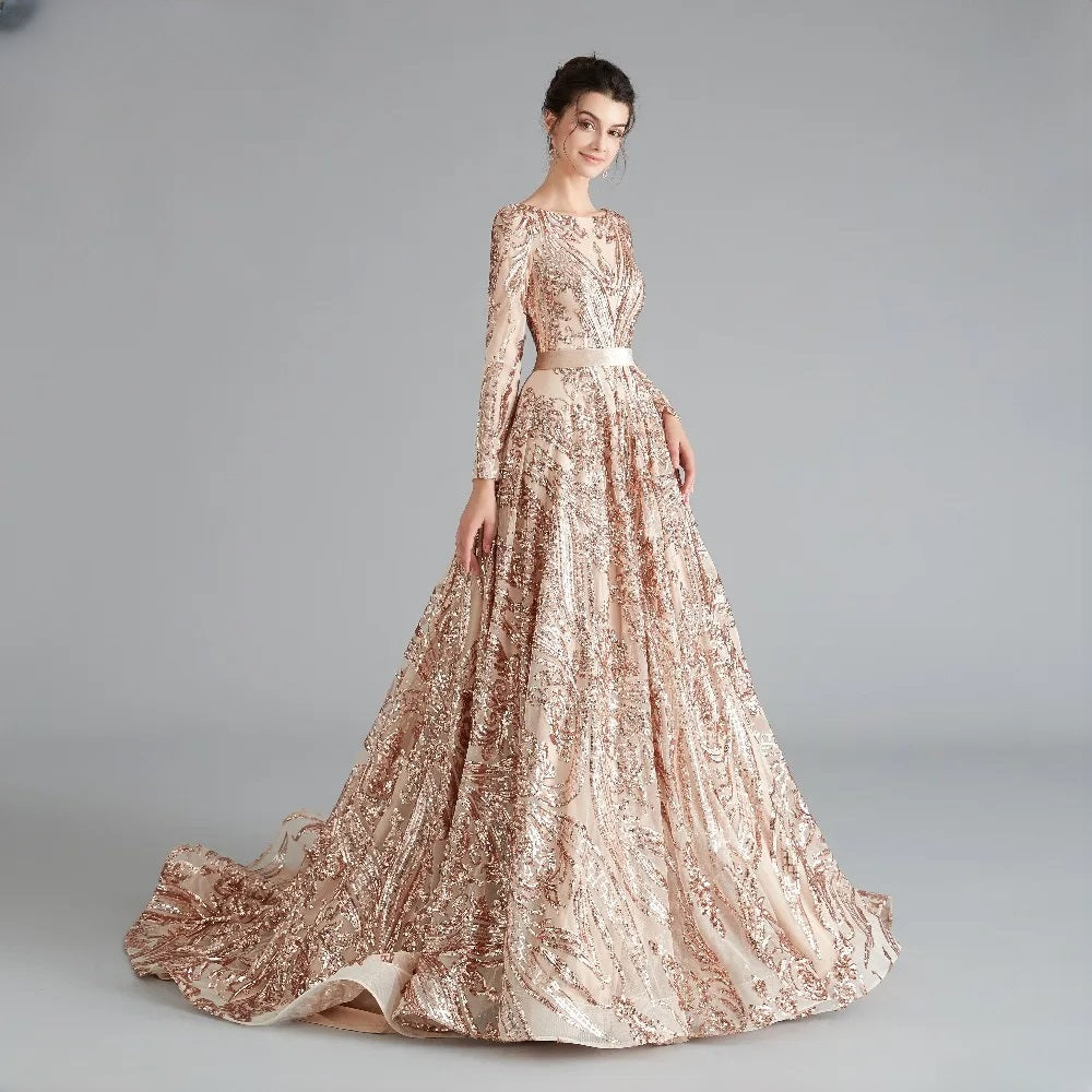 Long Sleeve Evening Sparkly Sequin Formal A Line Backless Prom Dress