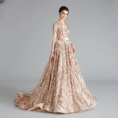 Long Sleeve Evening Sparkly Sequin Formal A Line Backless Prom Dress