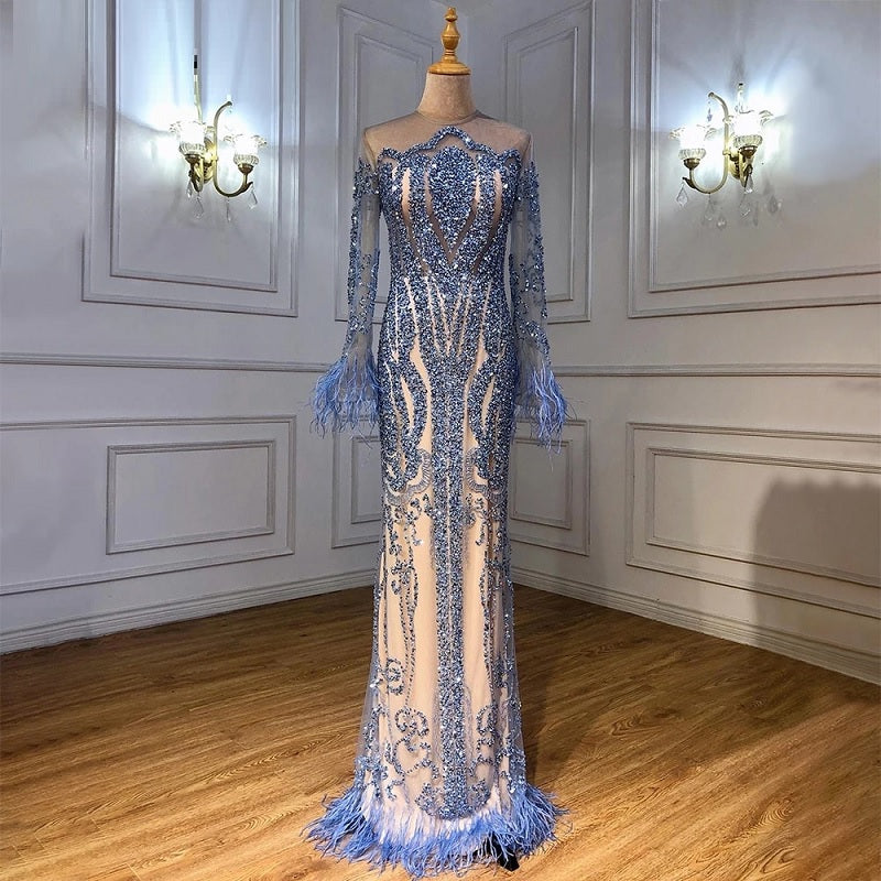 Long Sleeve Feathers beaded Evening Dresses