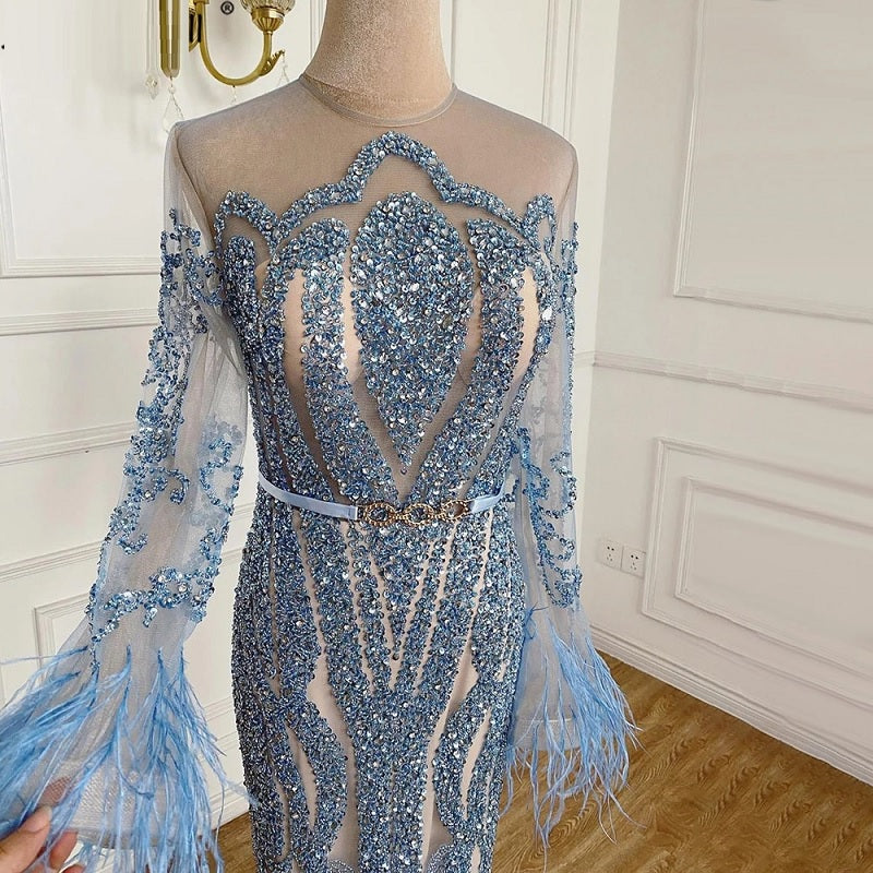 Long Sleeve Feathers beaded Evening Dresses