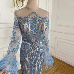 Long Sleeve Feathers beaded Evening Dresses