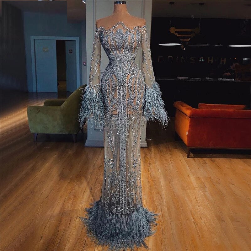 Long Sleeve Feathers beaded Evening Dresses