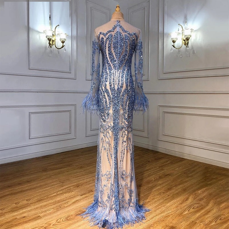 Long Sleeve Feathers beaded Evening Dresses