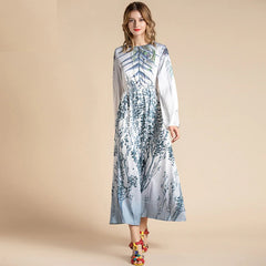 Long Sleeve Floral Print A Line Holiday Midi Dress