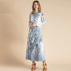 Long Sleeve Floral Print A Line Holiday Midi Dress