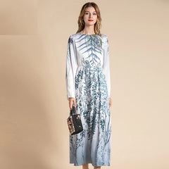Long Sleeve Floral Print A Line Holiday Midi Dress