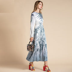 Long Sleeve Floral Print A Line Holiday Midi Dress