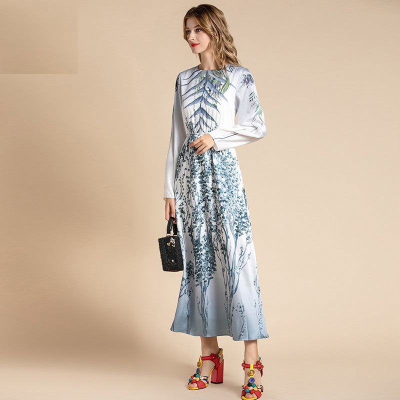 Long Sleeve Floral Print A Line Holiday Midi Dress
