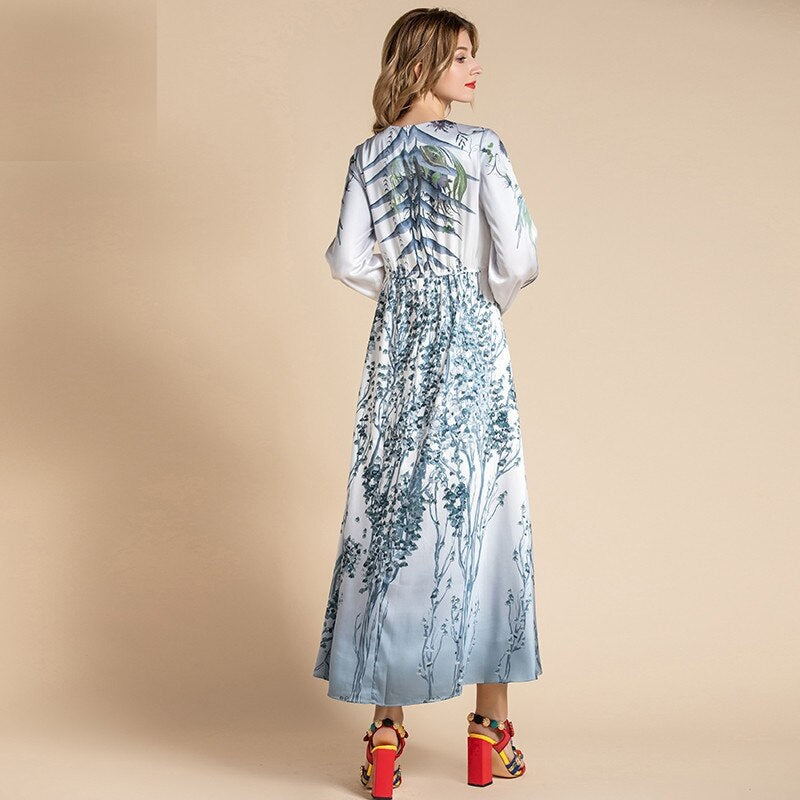 Long Sleeve Floral Print A Line Holiday Midi Dress