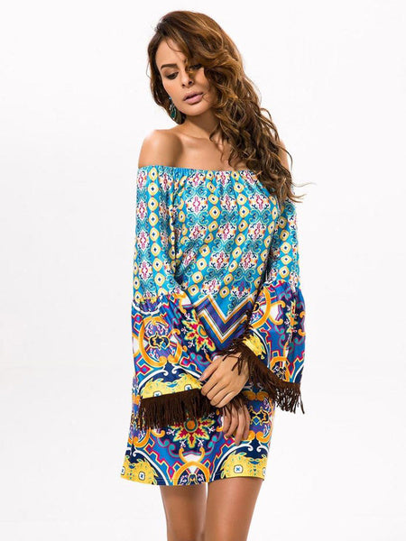 Long Sleeve Fringe Artwork Printed Dress