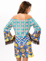 Long Sleeve Fringe Artwork Printed Dress